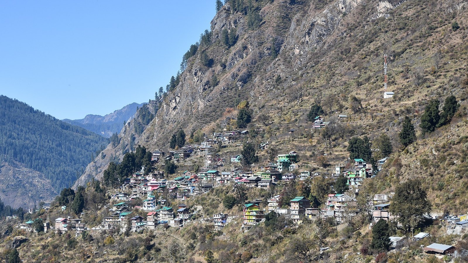 A hillside village of green-roofed wood and stone houses on a steep forested slope in the Tirthan valley, Kullu